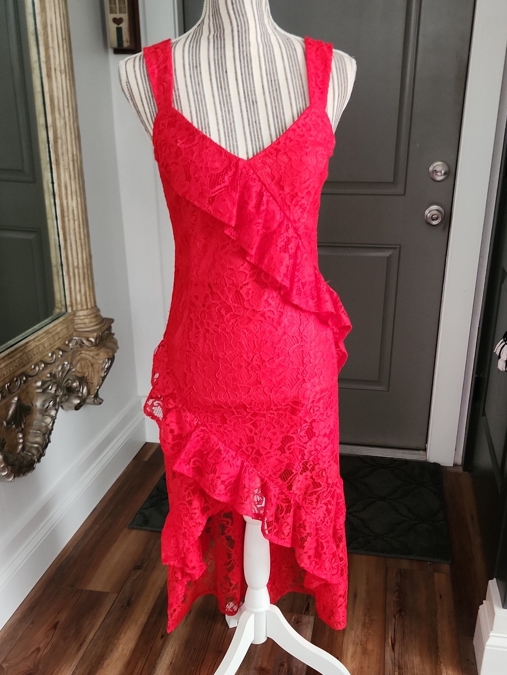 Just Me Sleeveless Red Lace Ruffle Dress